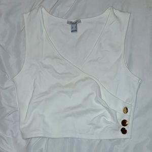 Revamped White Sleeveless Ruched Crop Tank Top with Gold Button Accents